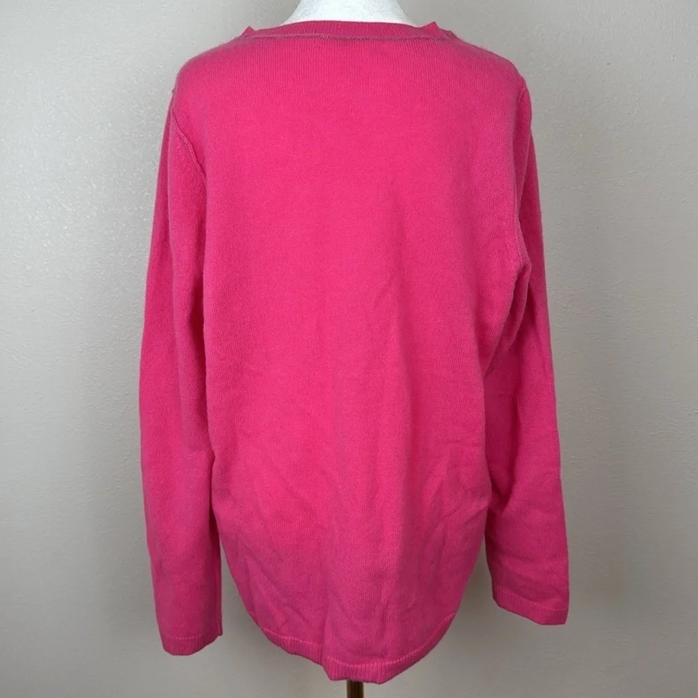 Lisa Todd Teddy Bear Graphic Intarsia Cashmere Sweater – Bright Pink – Size XL